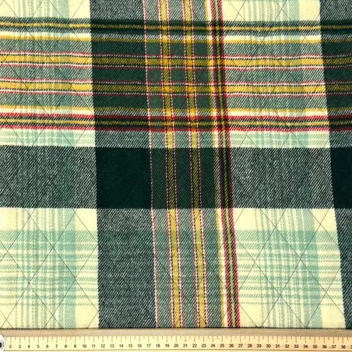 Tissu matelassé polyester laine écossais moutarde rouge sur vert Tissu matelassé polyester laine écossais moutarde rouge sur vert