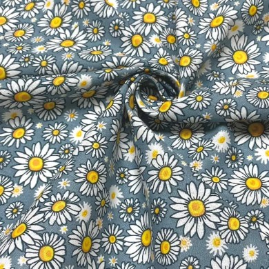 Tissu coton imprimé Marguerite bleu poudré Tissu coton imprimé Marguerite bleu poudré