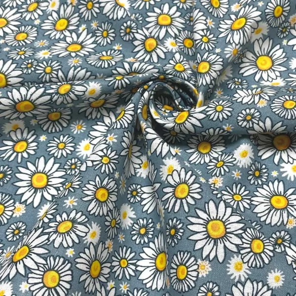 Tissu coton imprimé Marguerite bleu poudré Tissu coton imprimé Marguerite bleu poudré