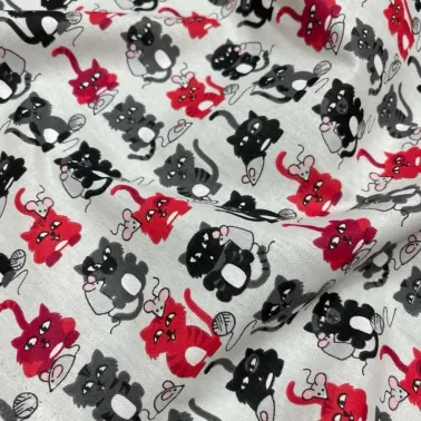 Tissu coton imprimé chat rouge et noir