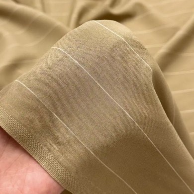 Tissu polyester viscose à rayures blanches sur beige Tissu polyester viscose à rayures blanches sur beige