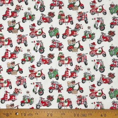 Tissu coton imprimé vespa rouge et vert