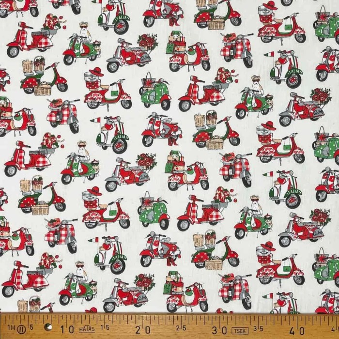 Tissu coton imprimé vespa rouge et vert Tissu coton imprimé vespa rouge et vert