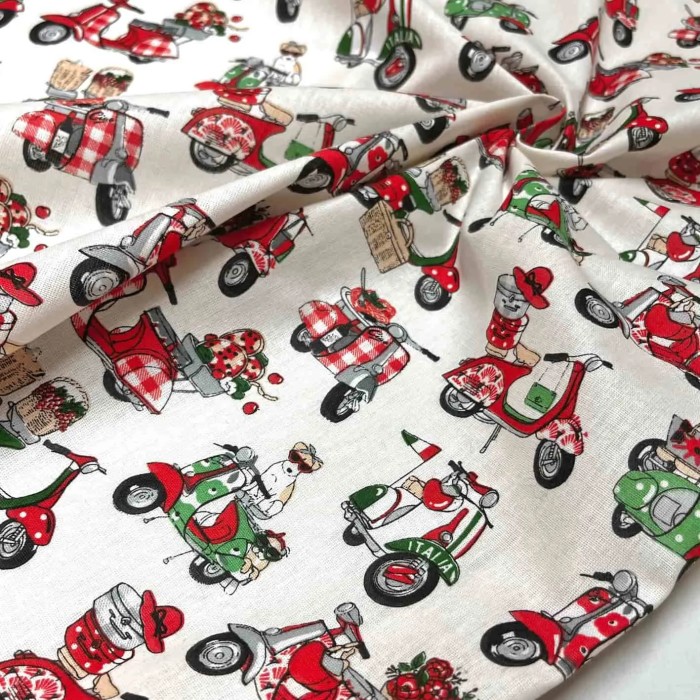 Tissu coton imprimé vespa rouge et vert Tissu coton imprimé vespa rouge et vert