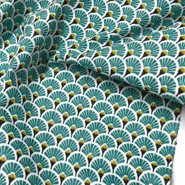Tissu coton imprimé japonais éventails vert foncé