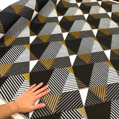 Tissu jacquard polyester viscose géométrique noir blanc ocre doré Tissu jacquard polyester viscose géométrique noir blanc ocre doré