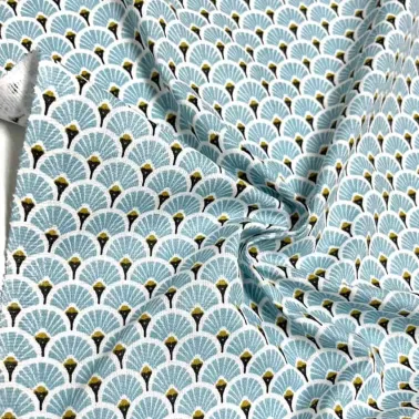 Tissu coton imprimé japonais éventails bleu gris