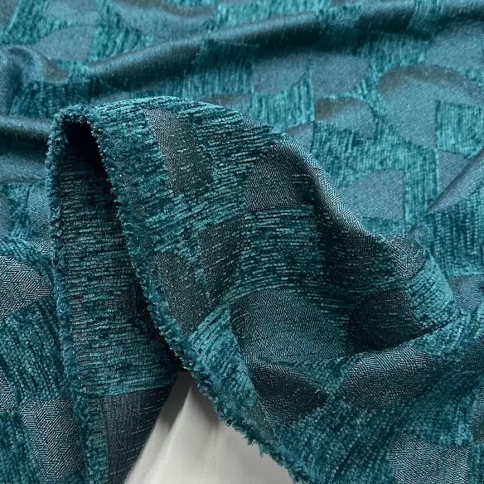 Tissu jacquard polyester chenille géométrique en relief bleu canard