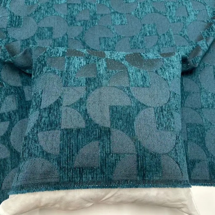 Tissu jacquard polyester chenille géométrique en relief bleu canard
