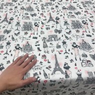 Tissu coton enduit J'aime Paris Tour Eiffel rose noir sur fond blanc