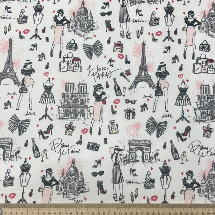 Tissu coton enduit J'aime Paris Tour Eiffel rose noir sur fond blanc