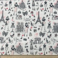 Tissu coton enduit J'aime Paris Tour Eiffel rose noir sur fond blanc
