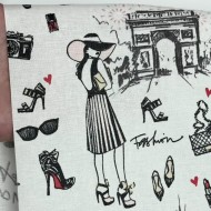 Tissu coton enduit J'aime Paris Tour Eiffel rose noir sur fond blanc