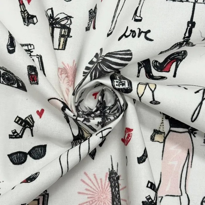 Tissu coton enduit J'aime Paris Tour Eiffel rose noir sur fond blanc