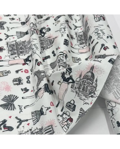 Tissu coton enduit J'aime Paris Tour Eiffel rose noir sur fond blanc