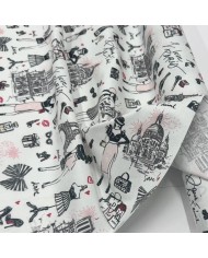 Tissu coton enduit J'aime Paris Tour Eiffel rose noir sur fond blanc