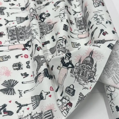 Tissu coton enduit J'aime Paris Tour Eiffel rose noir sur fond blanc