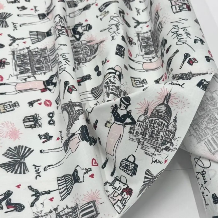 Tissu coton enduit J'aime Paris Tour Eiffel rose noir sur fond blanc