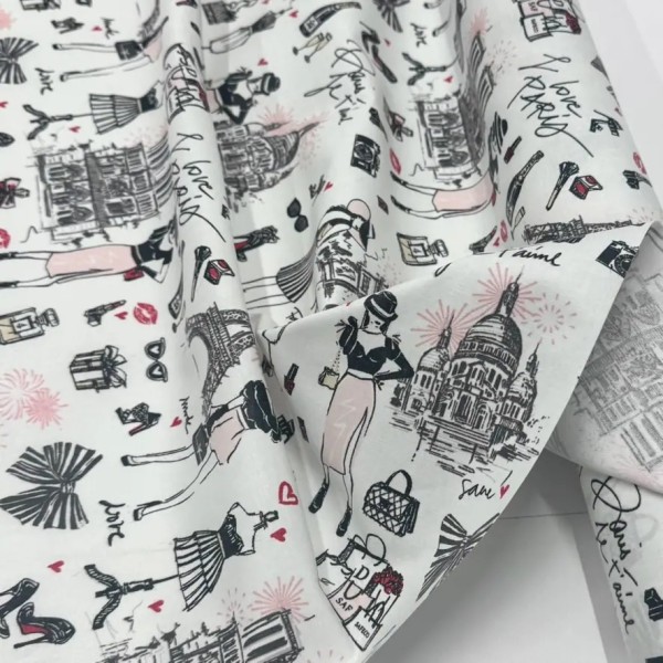 Tissu coton enduit J'aime Paris Tour Eiffel rose noir sur fond blanc