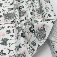 Tissu coton enduit J'aime Paris Tour Eiffel rose noir sur fond blanc