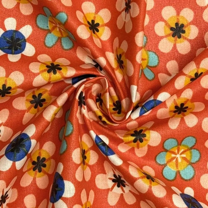 Tissu coton enduit Nami fleuri orange