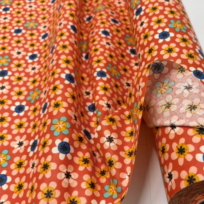 Tissu coton enduit Nami fleuri orange