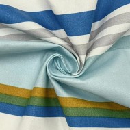 Tissu coton enduit Tcha tcha à rayures multi-couleurs bleu ciel ocre