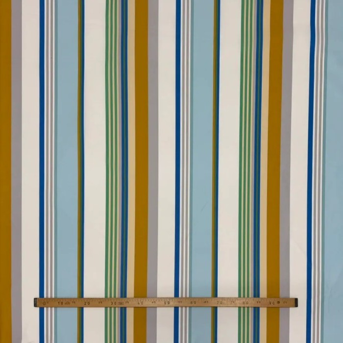 Tissu coton enduit Tcha tcha à rayures multi-couleurs bleu ciel ocre