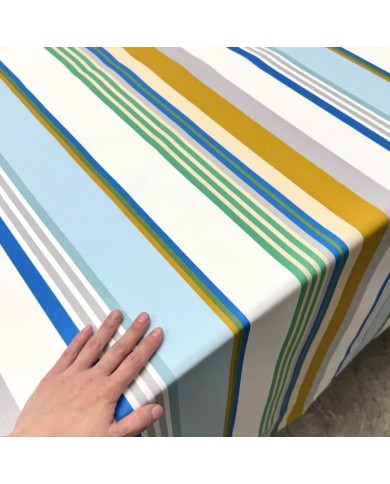 Tissu coton enduit Tcha tcha à rayures multi-couleurs bleu ciel ocre