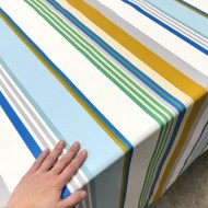 Tissu coton enduit Tcha tcha à rayures multi-couleurs bleu ciel ocre