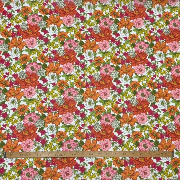 Tissu coton enduit Johanna multi-couleur orange rose blanc