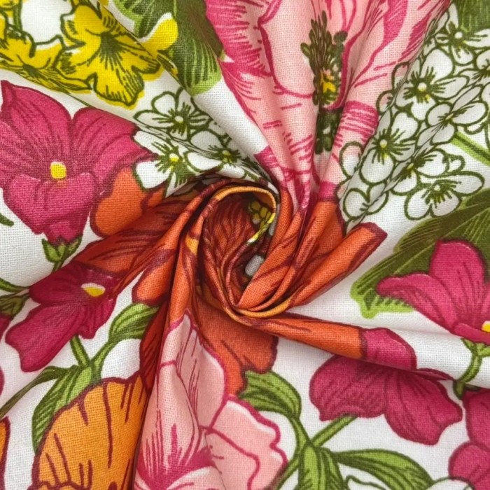 Tissu coton enduit Johanna multi-couleur orange rose blanc