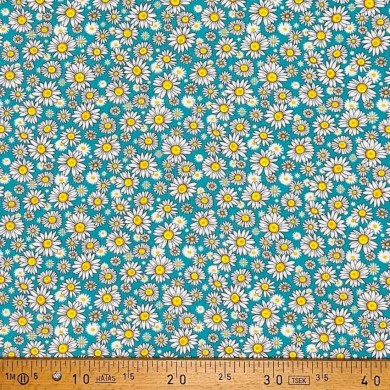 Tissu coton imprimé marguerite turquoise