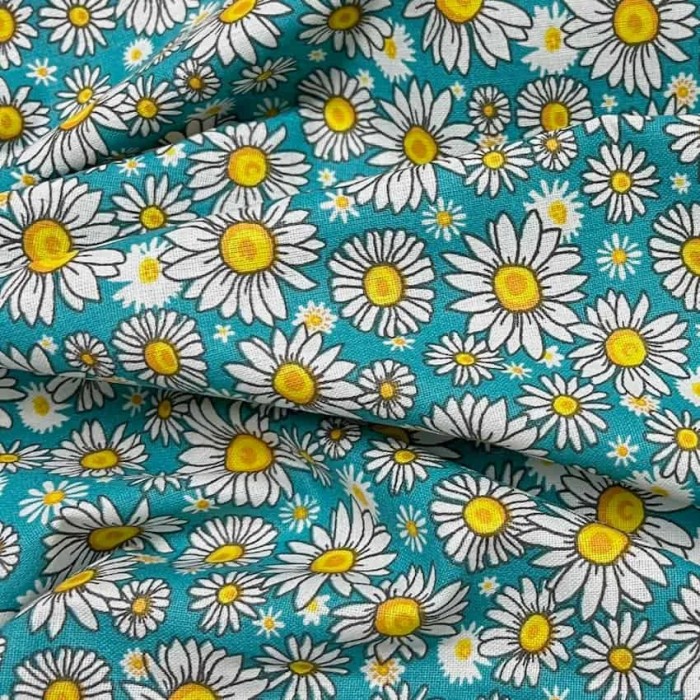 Tissu coton imprimé marguerite turquoise