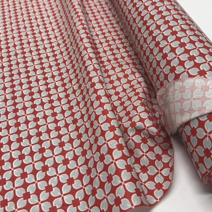 Tissu coton enduit Rodrigo géométrique bleu ciel sur rouge