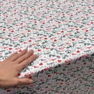 Tissu coton enduit Marais olala paris rouge rose noir sur blanc