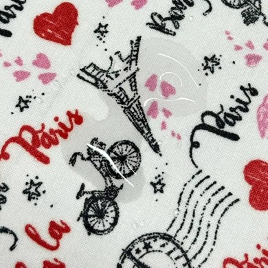 Tissu coton enduit Marais olala paris rouge rose noir sur blanc