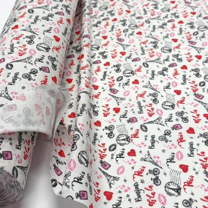 Tissu coton enduit Marais olala paris rouge rose noir sur blanc