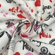 Tissu coton enduit Marais olala paris rouge rose noir sur blanc