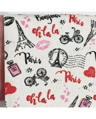 Tissu coton enduit Marais olala paris rouge rose noir sur blanc