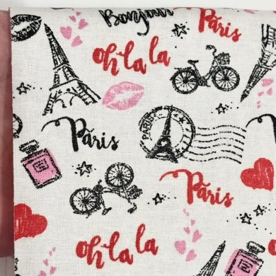 Tissu coton enduit Marais olala paris rouge rose noir sur blanc