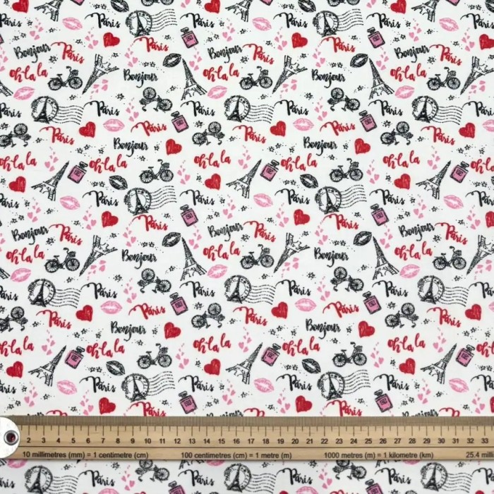 Tissu coton enduit Marais olala paris rouge rose noir sur blanc