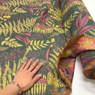 Tissus Jacquard Polyester Feuilles Automnal prunes et jaunes dorés sur kaki