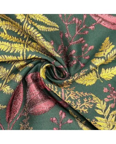 Tissus Jacquard Polyester Feuilles Automnal prunes et jaunes dorés sur kaki