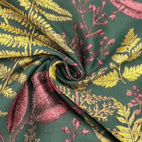 Tissus Jacquard Polyester Feuilles Automnal prunes et jaunes dorés sur kaki