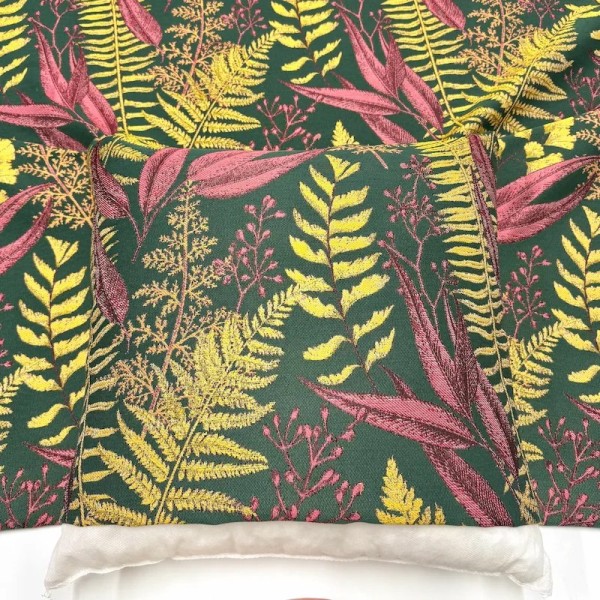 Tissus Jacquard Polyester Feuilles Automnal prunes et jaunes dorés sur kaki