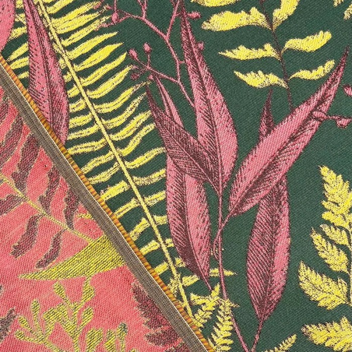 Tissus Jacquard Polyester Feuilles Automnal prunes et jaunes dorés sur kaki