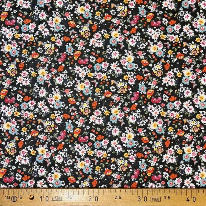 Tissu coton imprimé mille fleurs noir multi couleur Tissu coton imprimé mille fleurs noir multi couleur
