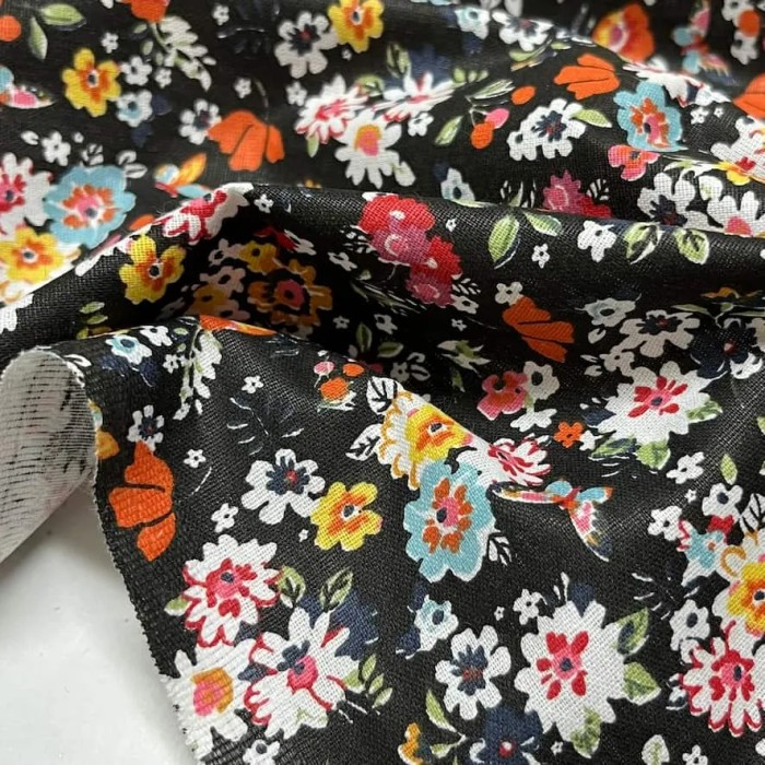 Tissu coton imprimé mille fleurs noir multi couleur Tissu coton imprimé mille fleurs noir multi couleur