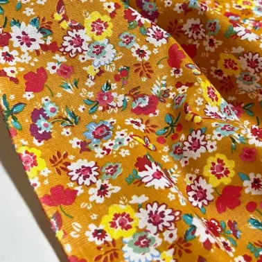 Tissu coton imprimé mille fleurs moutarde multi couleur